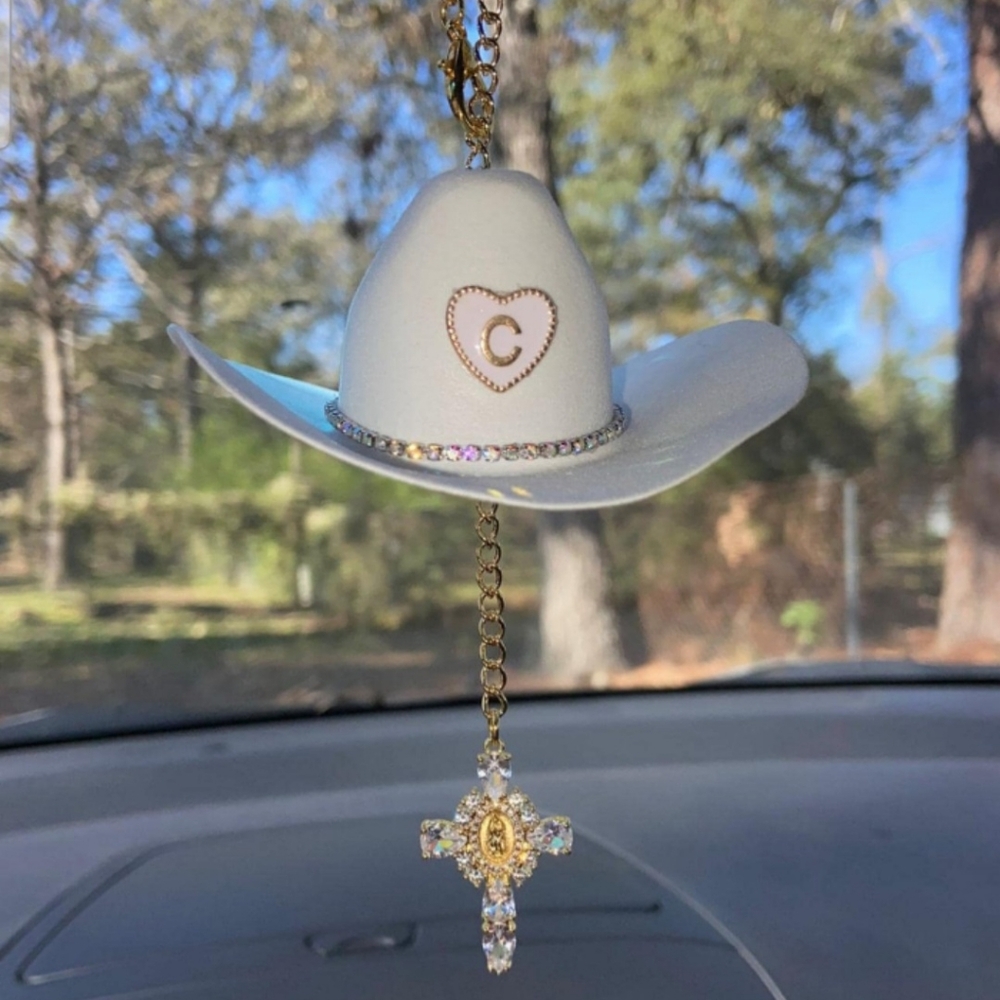 Virgin Mary Cross Car Charm,Mini Cowboy Hat Charm,Car Rosary,Car Blessings